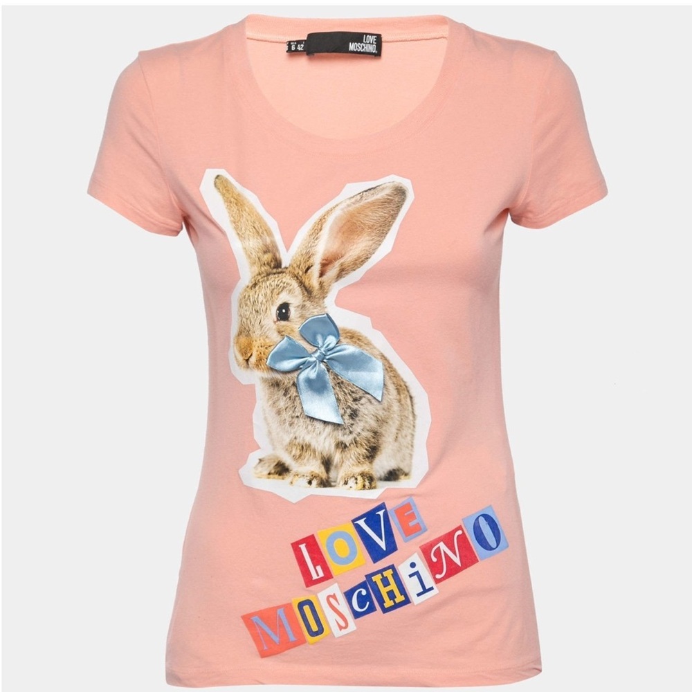 Love Moschino Pink T-Shirt with Printed Bunny & Bow Detail, SIZE 8